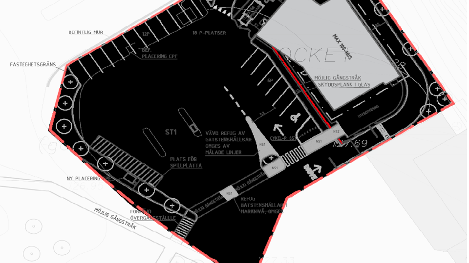 Skiss som visar planområdet. Olika delar som p-platser, plats för spillplatta, tankplatser, Max-byggnaden och gångstråk är markerade.